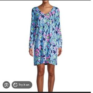 Lilly Pulitzer Kaisley Dress Navy Blue Floral Long Sleeve Button Cuff- M